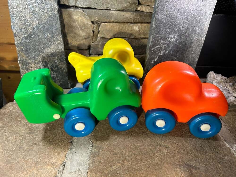 Vintage Little Tikes Chunkies Orange Car, Green Dump truck Yellow Tow truck READ